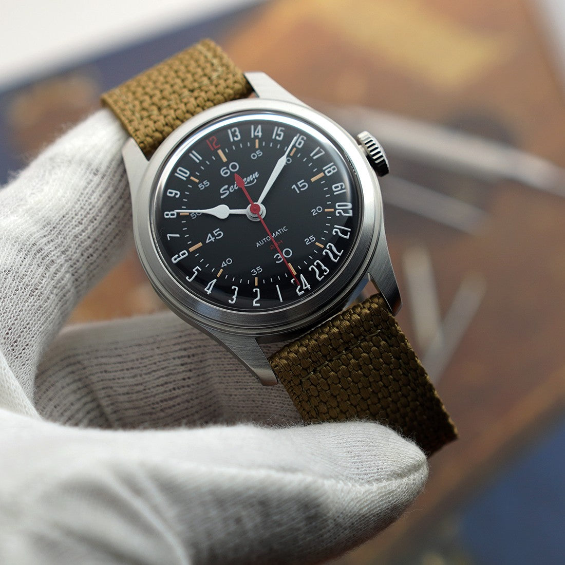 Merkur retro relógio para homem pele mergulhador relógio vintage 24h relógio
