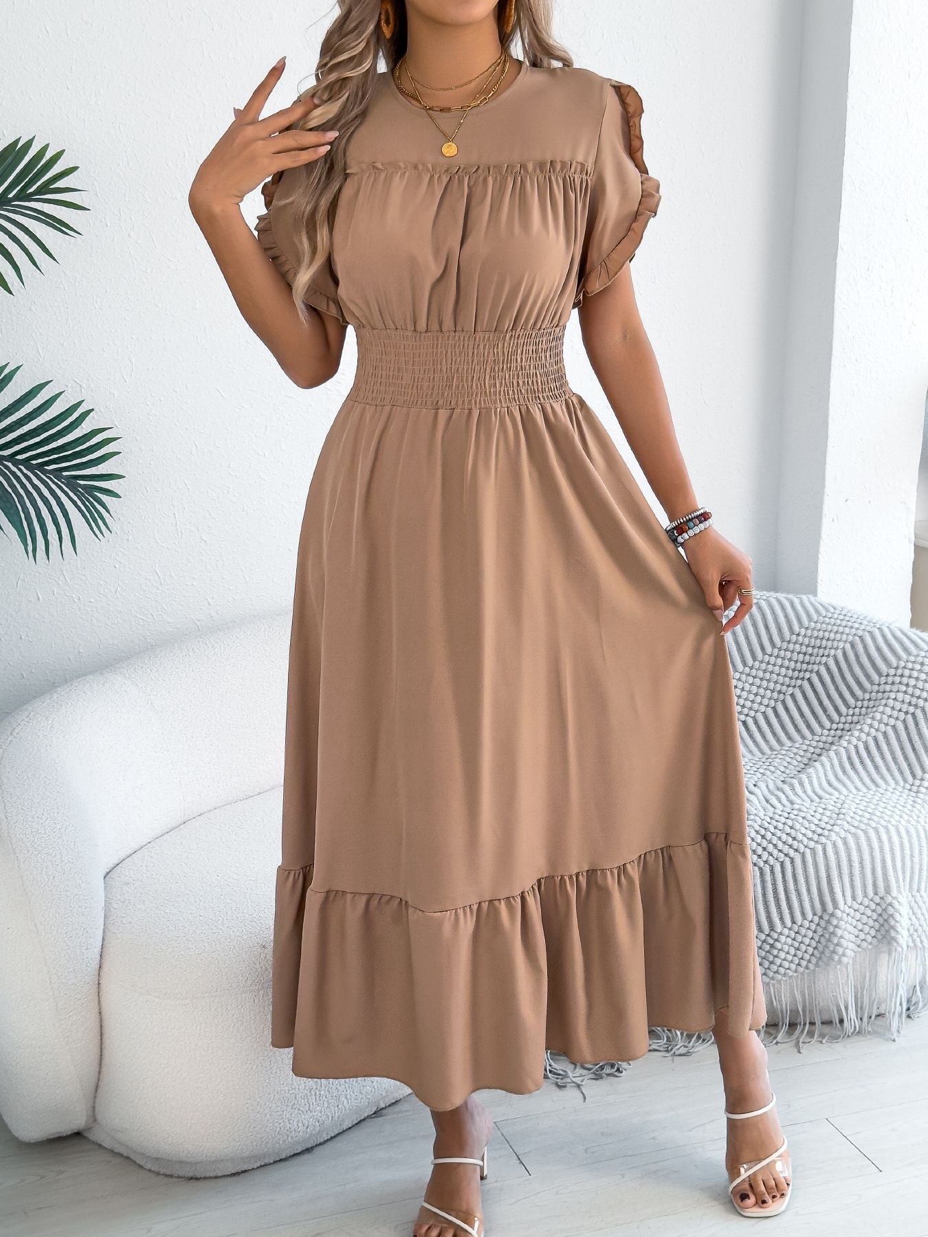 Casual elegant round neck ruffles cinched waist dress long dresses spring summer fashion women dressCasual elegant round neck ruffles cinched waist dress long dresses spring summer fashion women dress