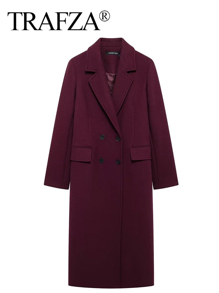 Trafza Women Fashion Burgundy Double Breasted Wool Coat Long Sleeve Lapel Blends Jacket Autumn Winter High Street OuterwearTrafza Women Fashion Burgundy Double Breasted Wool Coat Long Sleeve Lapel Blends Jacket Autumn Winter High Street Outerwear