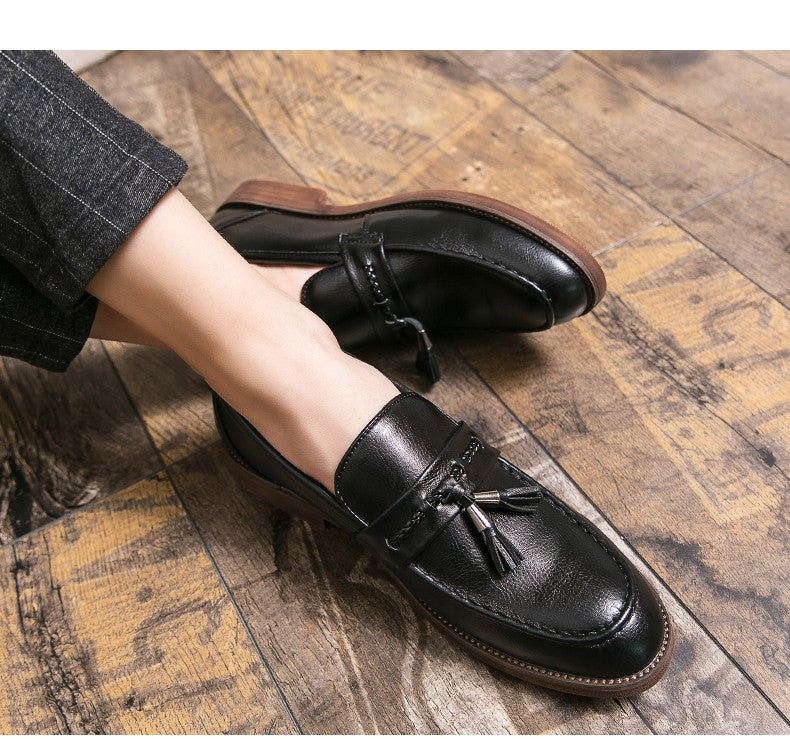 Men's casual pointed toe loafers, fringe shoes,