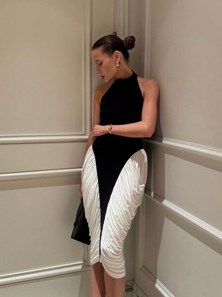 Elegant Halter Backless Bodycon Midi Dress Women 2025 Contrast Color Folds Party Evening Dresses Summer Chic Sleeveless Robes Elegant Halter Backless Bodycon Midi Dress Women 2025 Contrast Color Folds Party Evening Dresses Summer Chic Sleeveless Robes