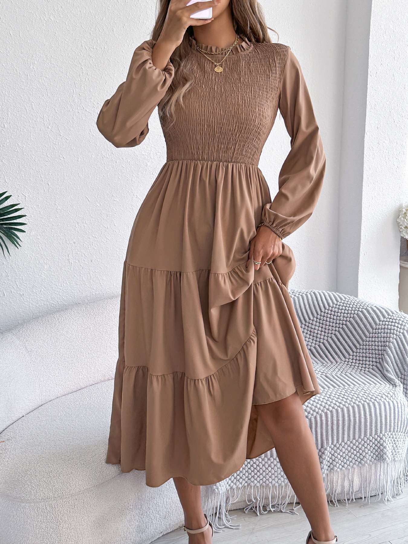 Autumn Winter Elegant Dresses for Women Solid Color Round Neck Long Sleeve Ruffles Dresses Khaki Green Red Autumn Winter Elegant Dresses for Women Solid Color Round Neck Long Sleeve Ruffles Dresses Khaki Green Red