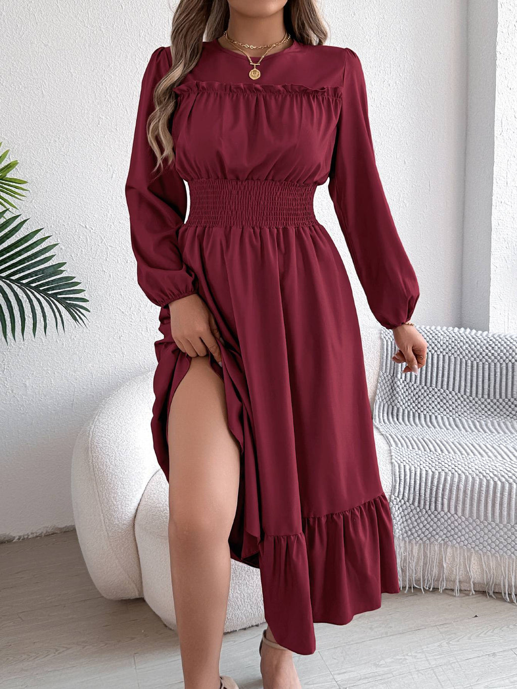 Autumn and winter casual elegant solid color round neck long sleeve cinched waist lotus leaf edge dress women's clothing Autumn and winter casual elegant solid color round neck long sleeve cinched waist lotus leaf edge dress women's clothing