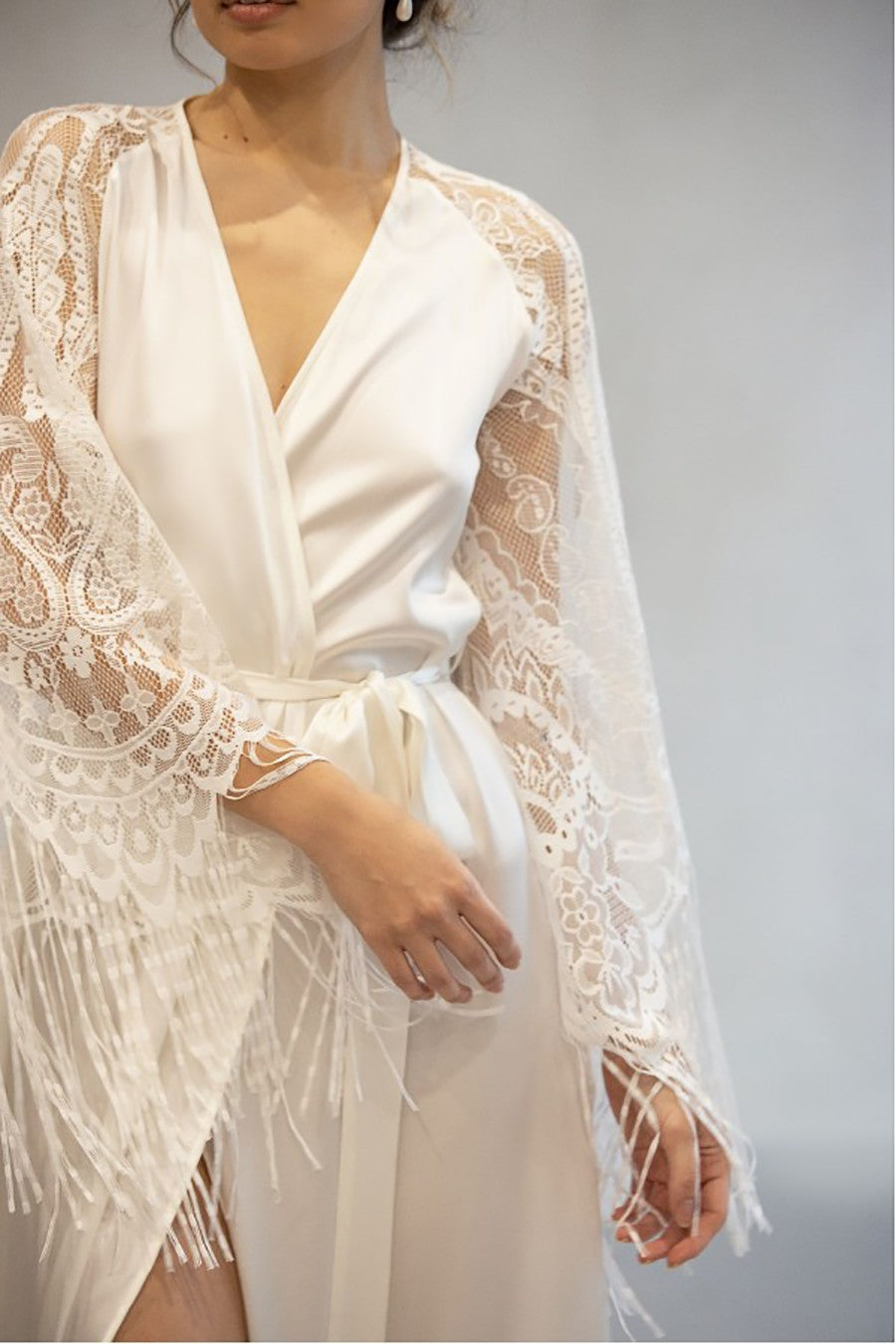 Satin Wedding Robes for Brides, Lace Tassels, Pagoda Sleeves, Long Gowns, Custom Gown, White Ivory Robes, Plus Size Satin Wedding Robes for Brides, Lace Tassels, Pagoda Sleeves, Long Gowns, Custom Gown, White Ivory Robes, Plus Size