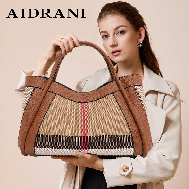 Aidrani Plaid Canvas and Leather Tote
