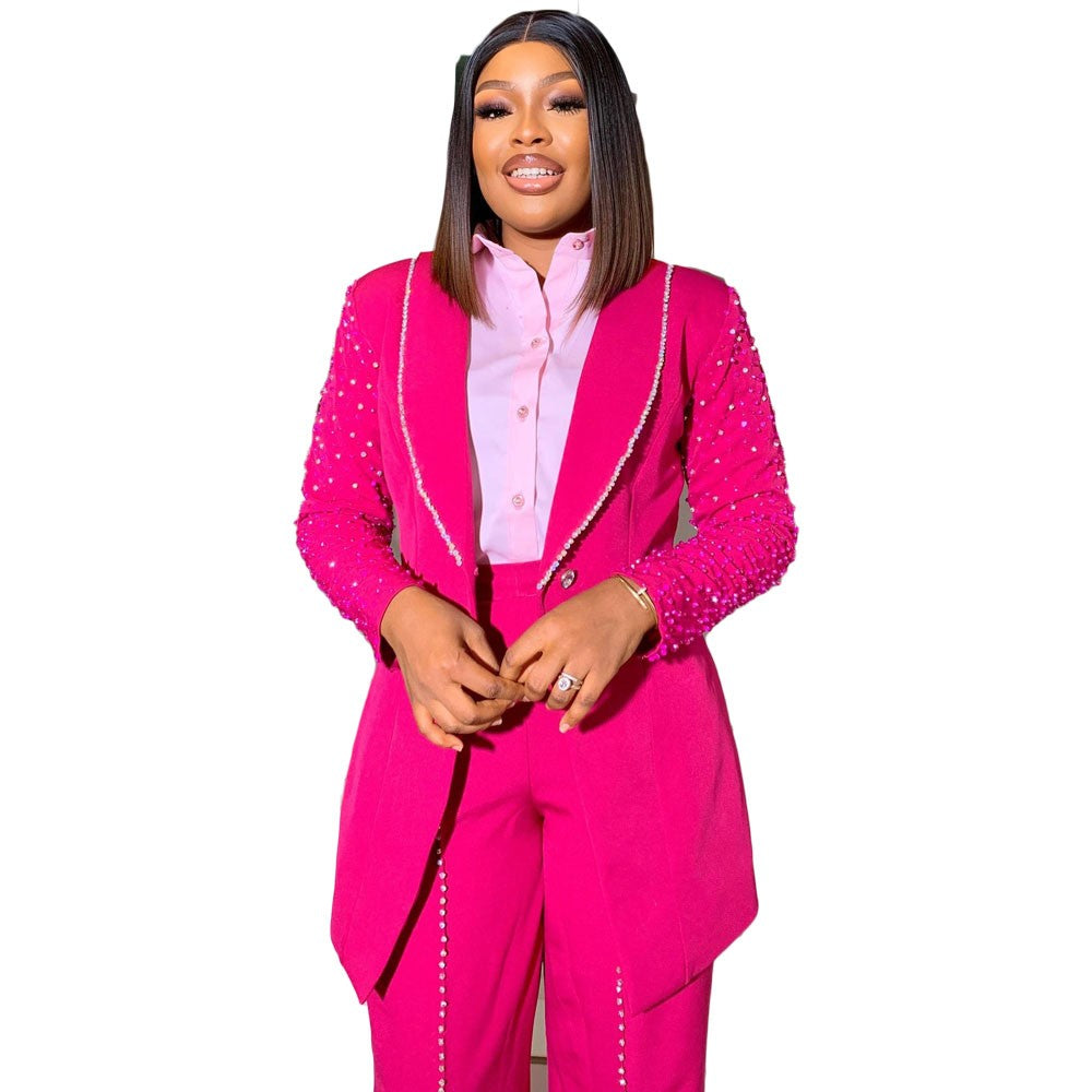 Glitter Pink Women's Pants Suits 2 Pieces Pearl Beadings Mother of the Bride Suits Custom Wedding Guest Evening Party Outfit Glitter Pink Women's Pants Suits 2 Pieces Pearl Beadings Mother of the Bride Suits Custom Wedding Guest Evening Party Outfit