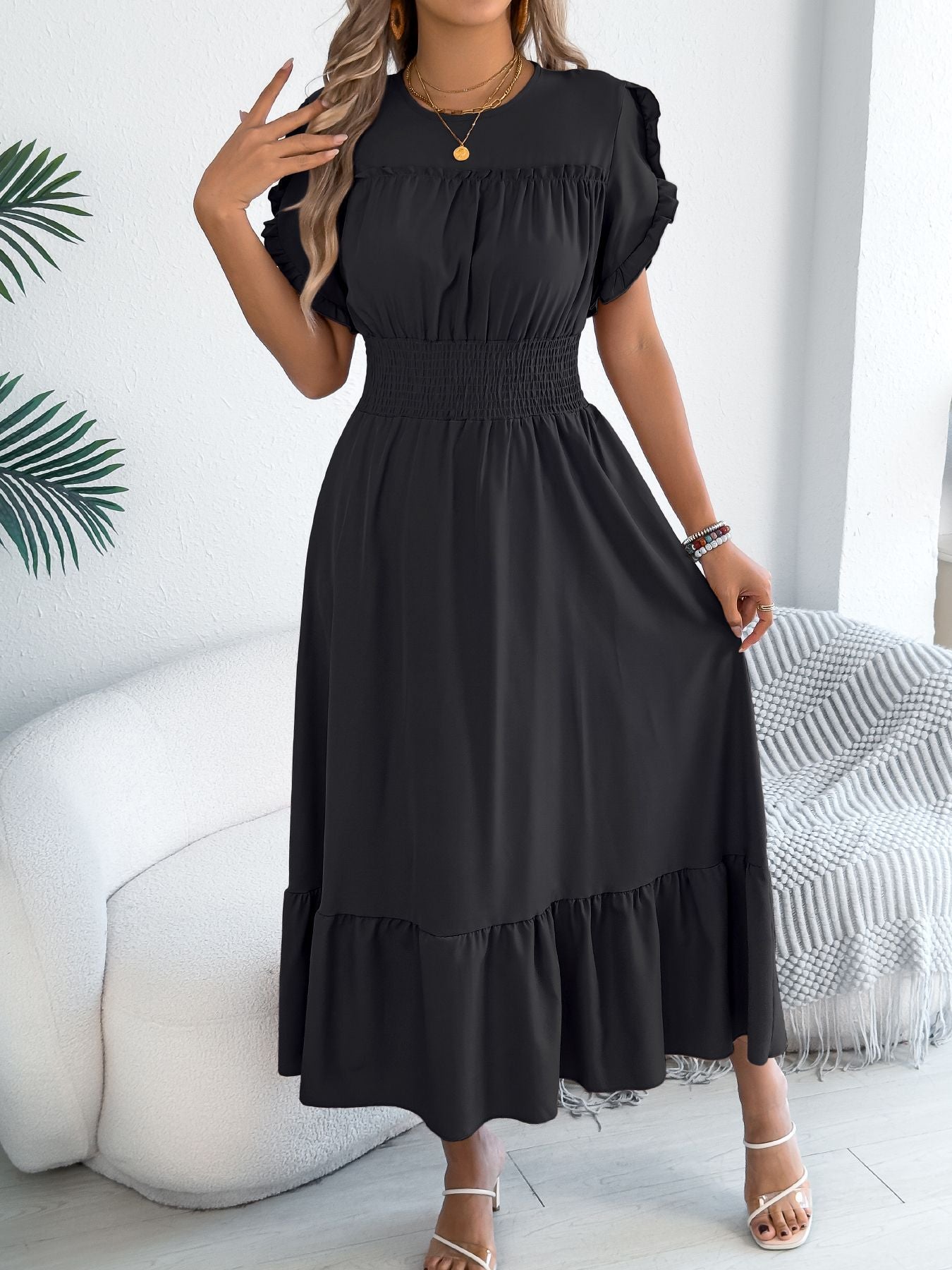 Casual elegant round neck ruffles cinched waist dress long dresses spring summer fashion women dressCasual elegant round neck ruffles cinched waist dress long dresses spring summer fashion women dress