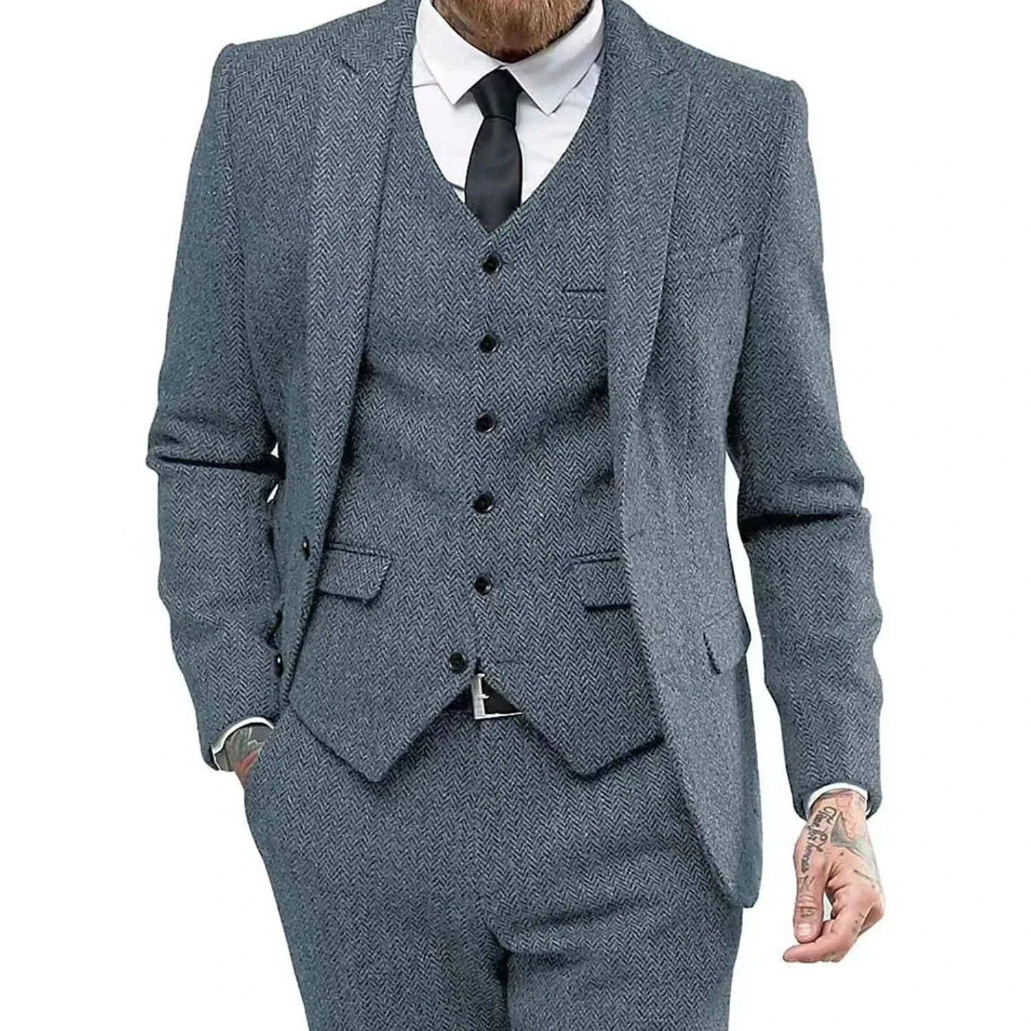 Men's Retro Herringbone Suit, Elegant Vintage Tuxedo Set, 3 Piece Blazer, Vest and Pants, for Wedding, Business, Evening PartyMen's Retro Herringbone Suit, Elegant Vintage Tuxedo Set, 3 Piece Blazer, Vest and Pants, for Wedding, Business, Evening Party