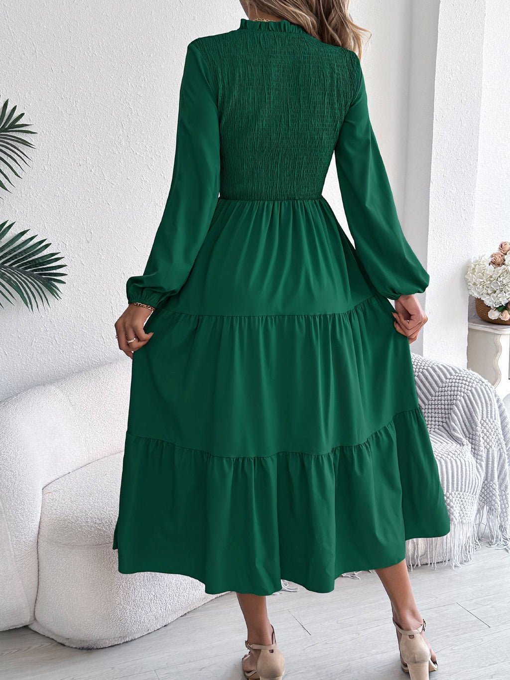 Autumn Winter Elegant Dresses for Women Solid Color Round Neck Long Sleeve Ruffles Dresses Khaki Green Red Autumn Winter Elegant Dresses for Women Solid Color Round Neck Long Sleeve Ruffles Dresses Khaki Green Red