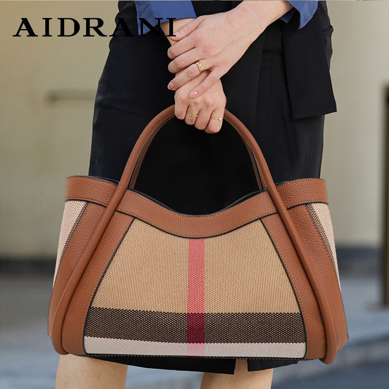 Aidrani Plaid Canvas and Leather Tote
