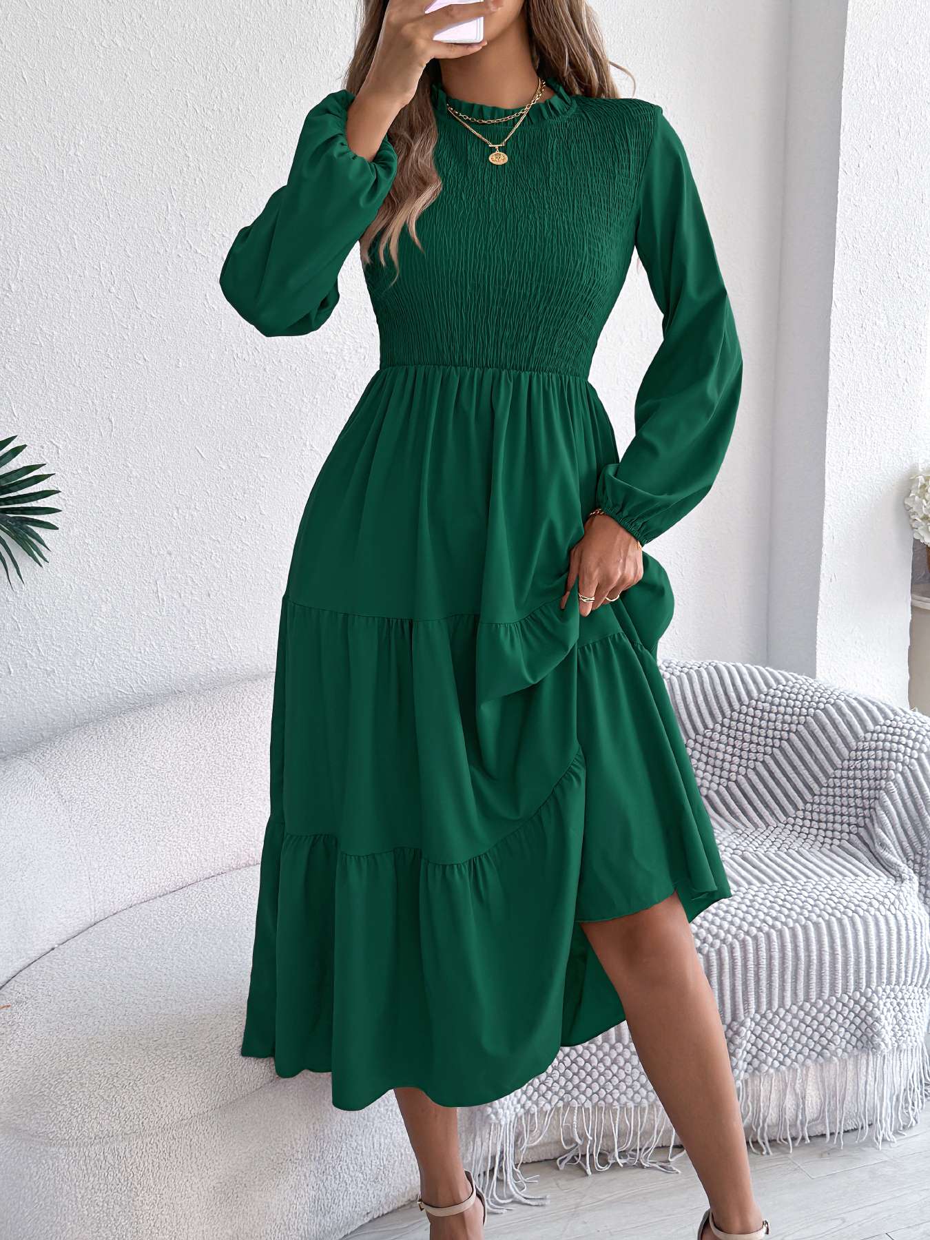 Autumn Winter Elegant Dresses for Women Solid Color Round Neck Long Sleeve Ruffles Dresses Khaki Green Red Autumn Winter Elegant Dresses for Women Solid Color Round Neck Long Sleeve Ruffles Dresses Khaki Green Red