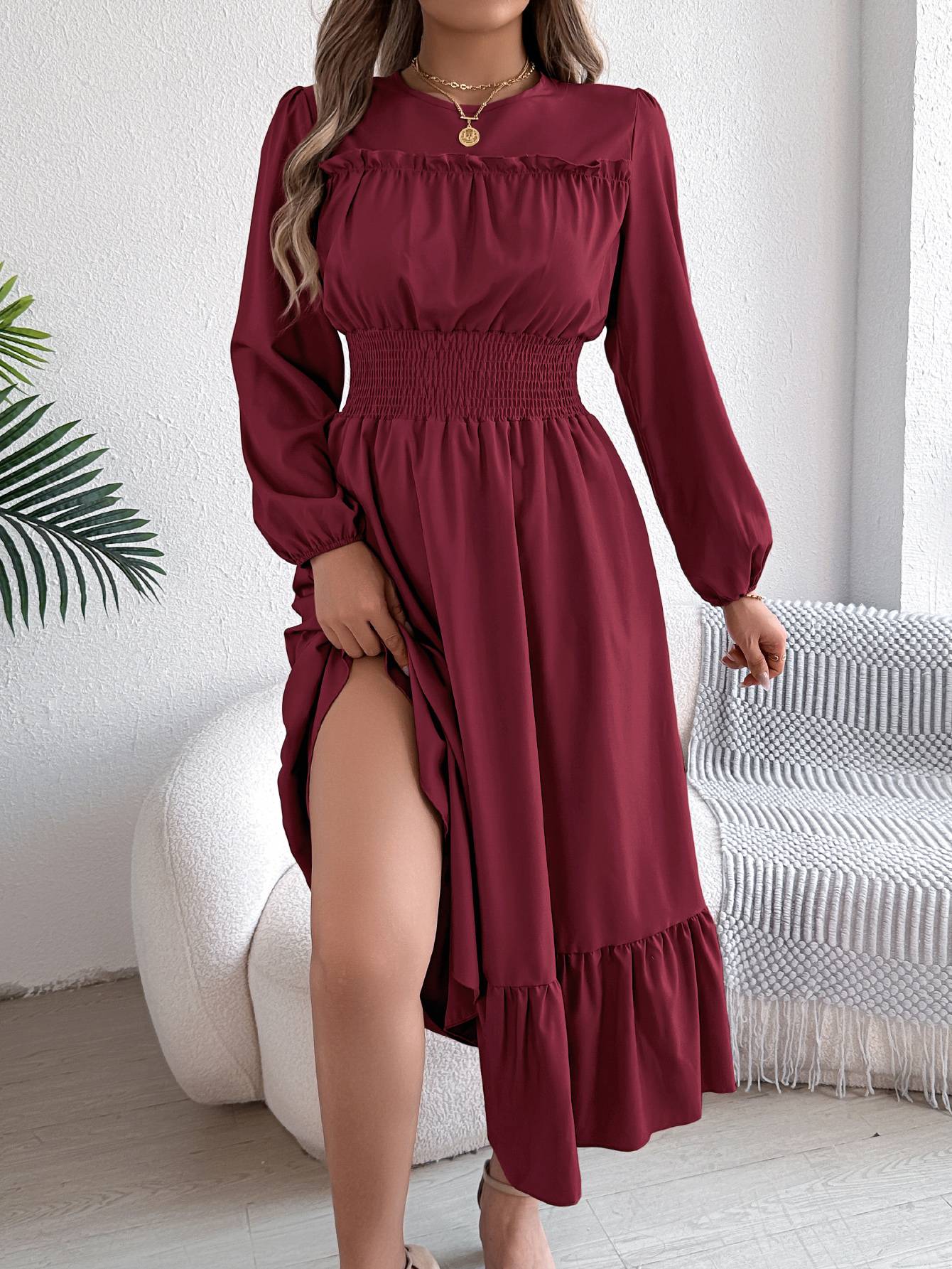 Autumn and winter casual elegant solid color round neck long sleeve cinched waist lotus leaf edge dress women's clothing Autumn and winter casual elegant solid color round neck long sleeve cinched waist lotus leaf edge dress women's clothing