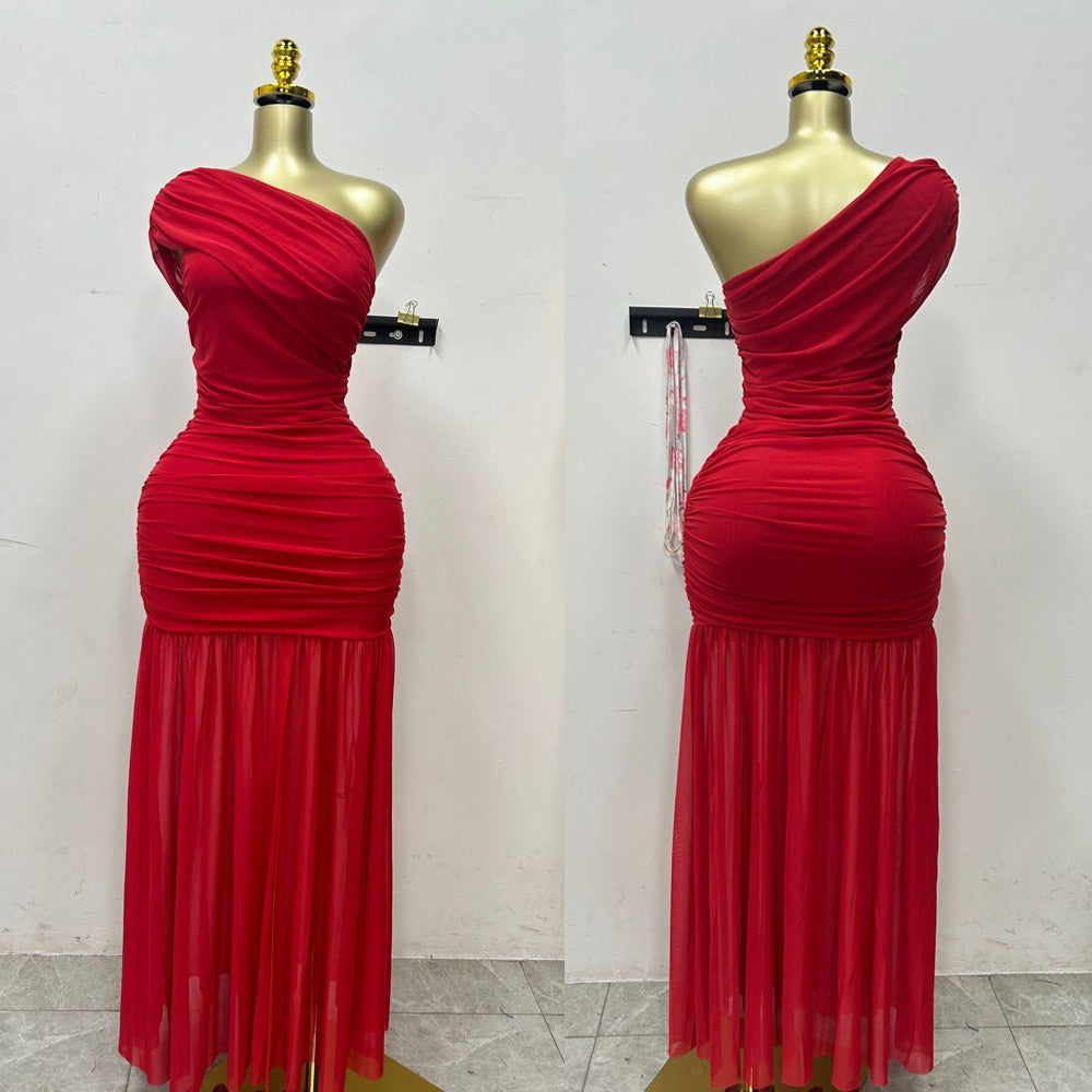 Elegant Sexy Night Club Party Holiday Maxi Dress for Women Elegant Slant Collar One Sleeve Off Shoulder Mesh Slit Long Dresses Elegant Sexy Night Club Party Holiday Maxi Dress for Women Elegant Slant Collar One Sleeve Off Shoulder Mesh Slit Long Dresses
