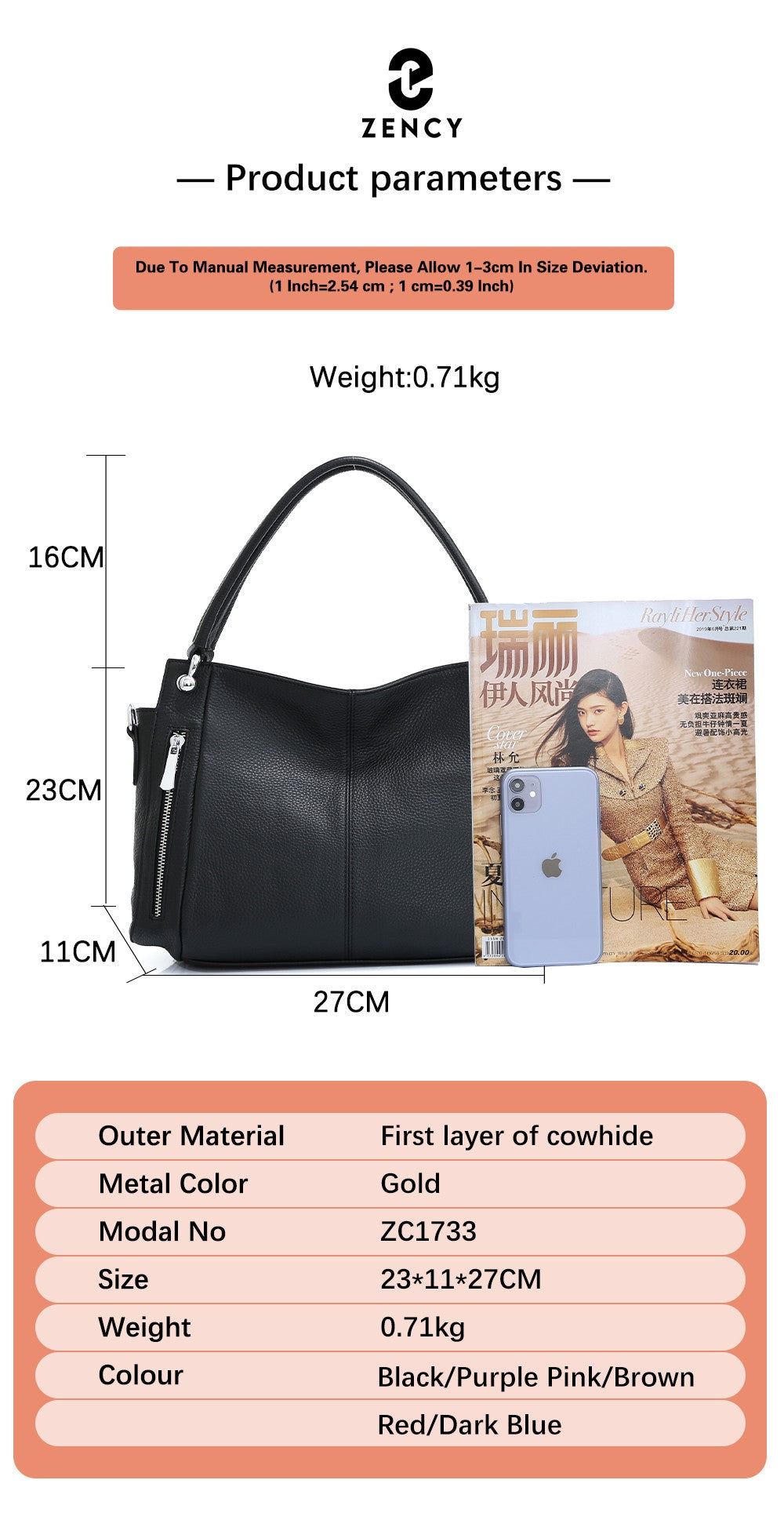 Zency 100% bolsa de couro genuíno feminino clássico simples vintage shopper to