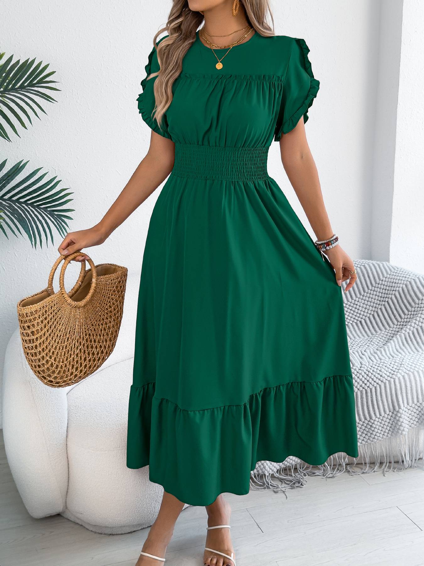 Casual elegant round neck ruffles cinched waist dress long dresses spring summer fashion women dressCasual elegant round neck ruffles cinched waist dress long dresses spring summer fashion women dress