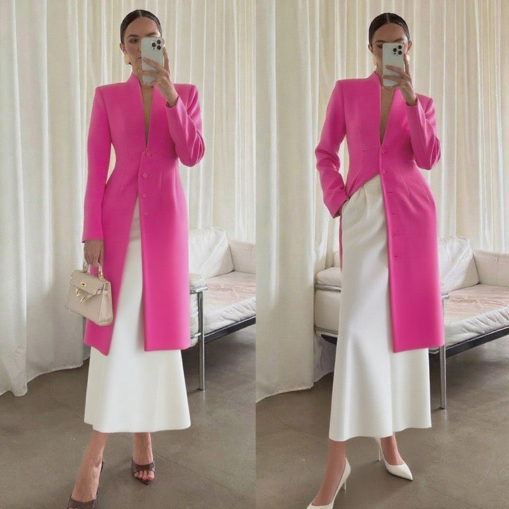 Women's Elegant Slim Fit V Neck Button Down Blazer Dress Jacket Formal Wear