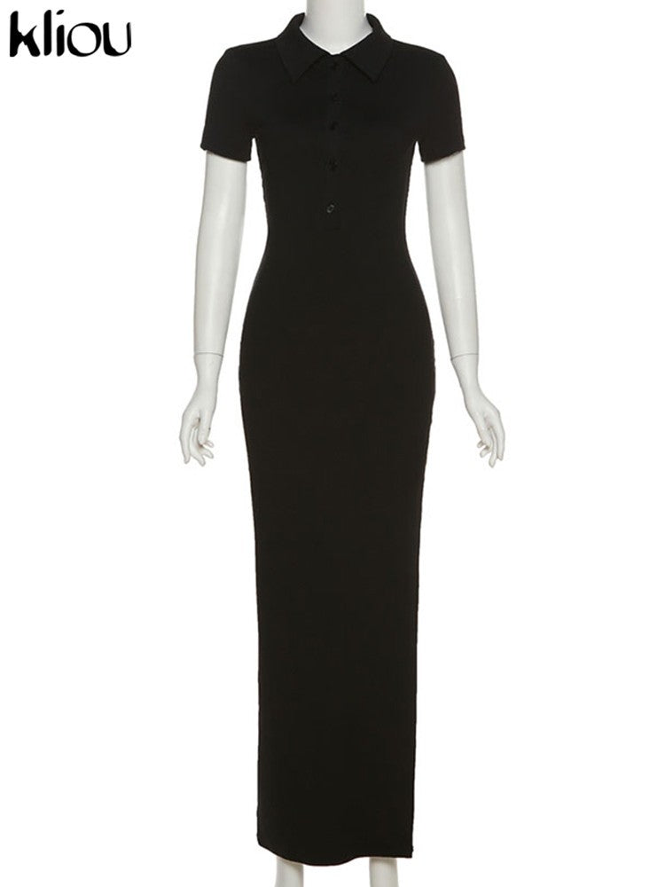 Kliou elegante senhora do escritório maxi vestido feminino sólido moda turn-do