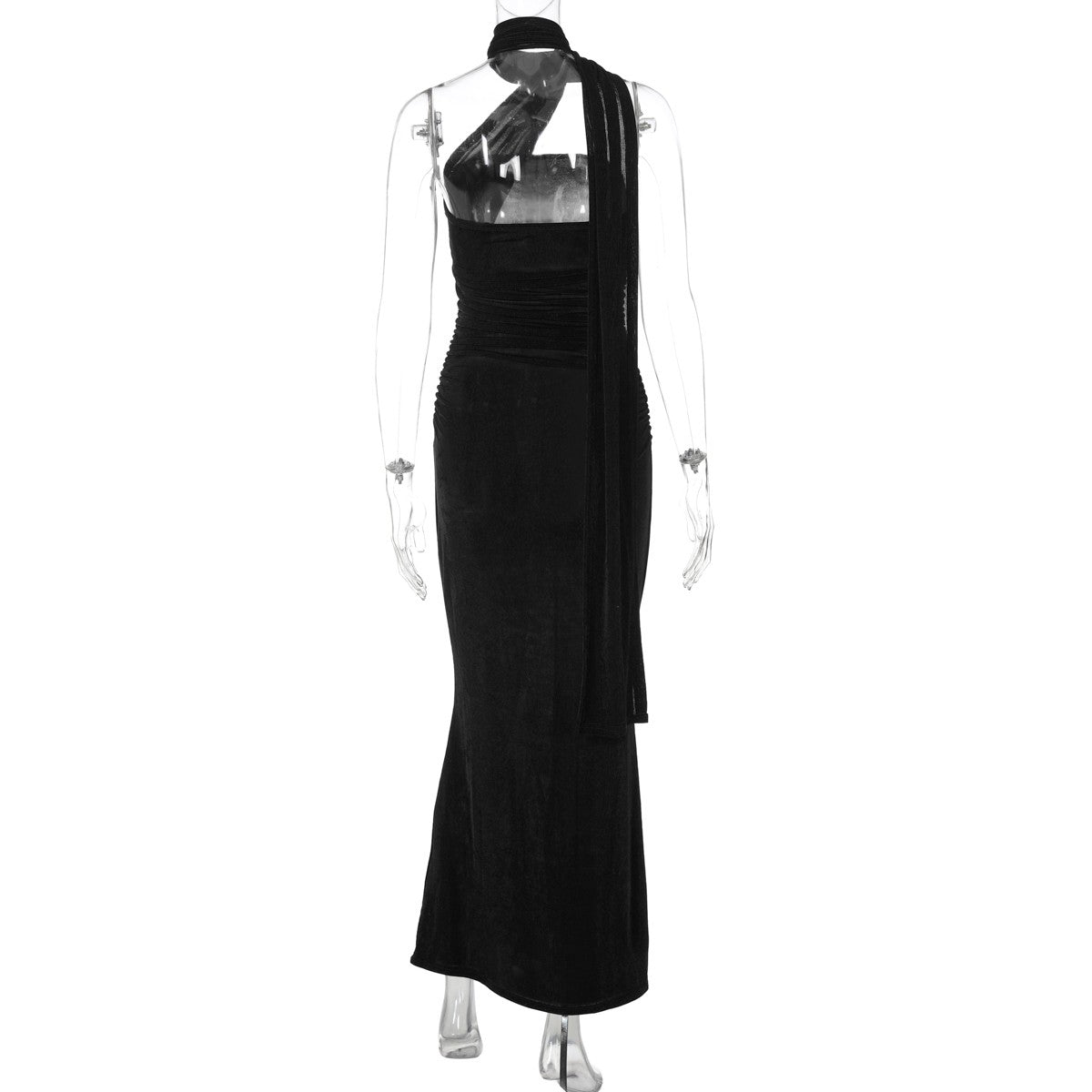 Hugcitar halter sólido sem mangas sem costas franzido sexy bodycon maxi vestido