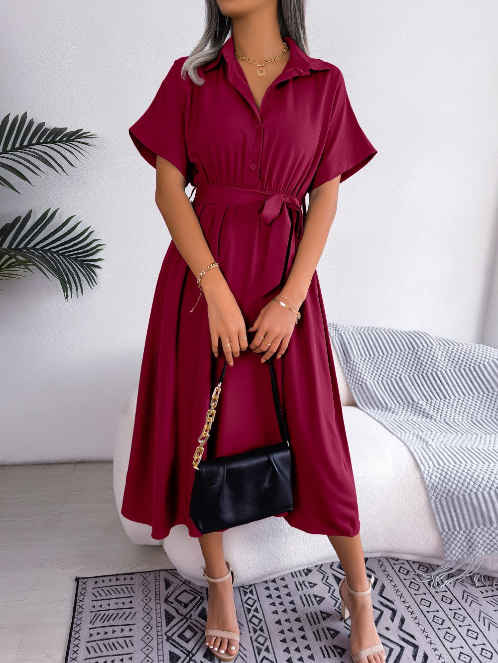 Women Summer Slim Waist Lace Up Dresses 2025 Casual Solid Color Turn Down Collar Short Sleeve A Line Dress Green Red Blue Women Summer Slim Waist Lace Up Dresses 2025 Casual Solid Color Turn Down Collar Short Sleeve A Line Dress Green Red Blue