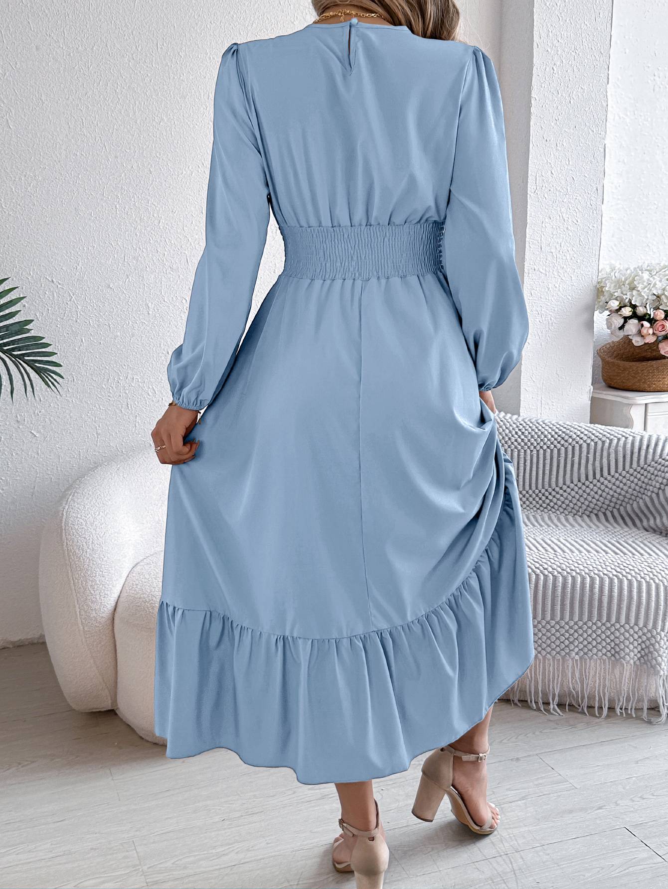 Autumn and winter casual elegant solid color round neck long sleeve cinched waist lotus leaf edge dress women's clothing Autumn and winter casual elegant solid color round neck long sleeve cinched waist lotus leaf edge dress women's clothing