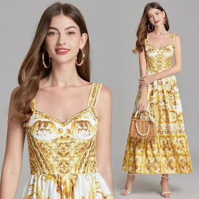 Women's V-neck Red Blue and White Print Spaghetti Strap Holiday Maxi Dress Summer Runway Floral Print Holiday Long Robes Women's V-neck Red Blue and White Print Spaghetti Strap Holiday Maxi Dress Summer Runway Floral Print Holiday Long Robes