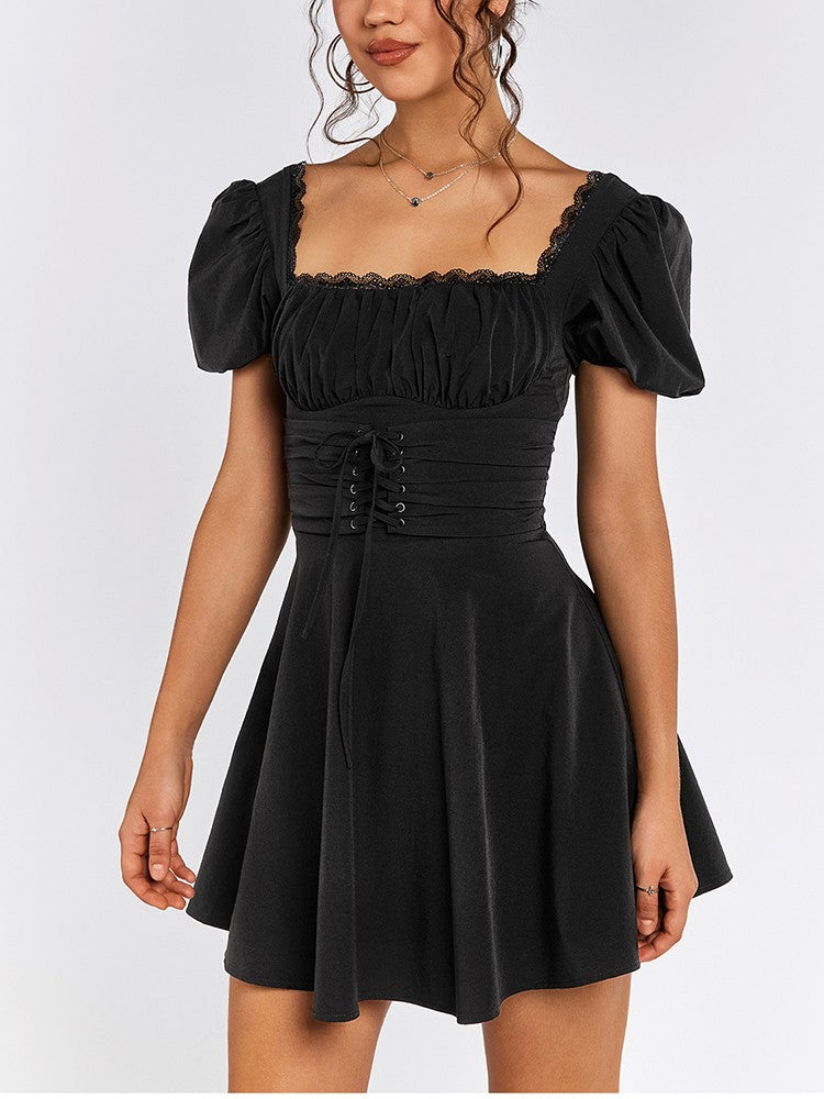 NewAsia-Women's Puff Sleeve Lace Mini Dress, Backless, Square Neck, Ruched, Short, Casual, Vacation, Party Wear, Waist Tie UpNewAsia-Women's Puff Sleeve Lace Mini Dress, Backless, Square Neck, Ruched, Short, Casual, Vacation, Party Wear, Waist Tie Up