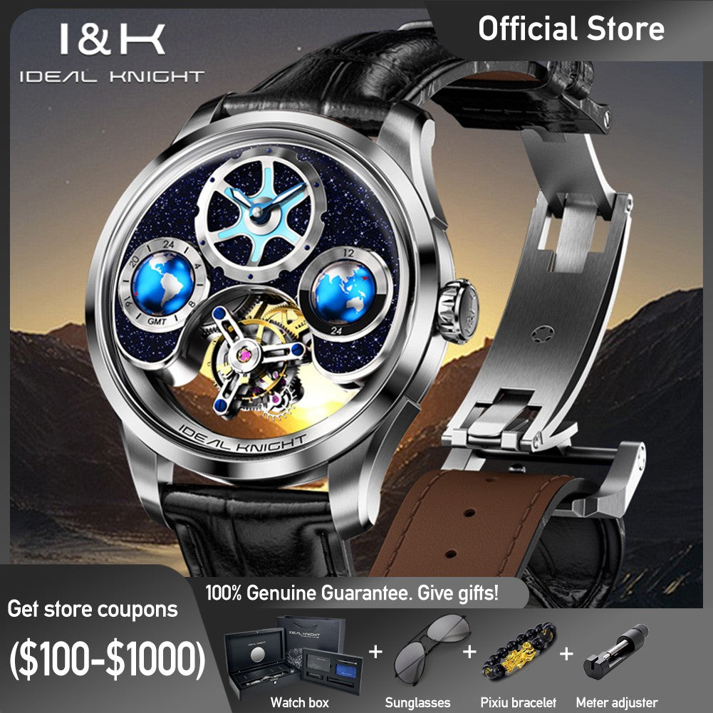 Ideal Knight Top Brand Luxruy Men's Watch Advanced Tourbillon Automatic Mechanical Watch Waterproof Luminous Dual Region Time