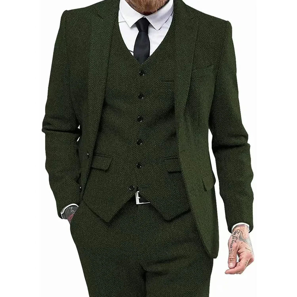 Men's Retro Herringbone Suit, Elegant Vintage Tuxedo Set, 3 Piece Blazer, Vest and Pants, for Wedding, Business, Evening PartyMen's Retro Herringbone Suit, Elegant Vintage Tuxedo Set, 3 Piece Blazer, Vest and Pants, for Wedding, Business, Evening Party
