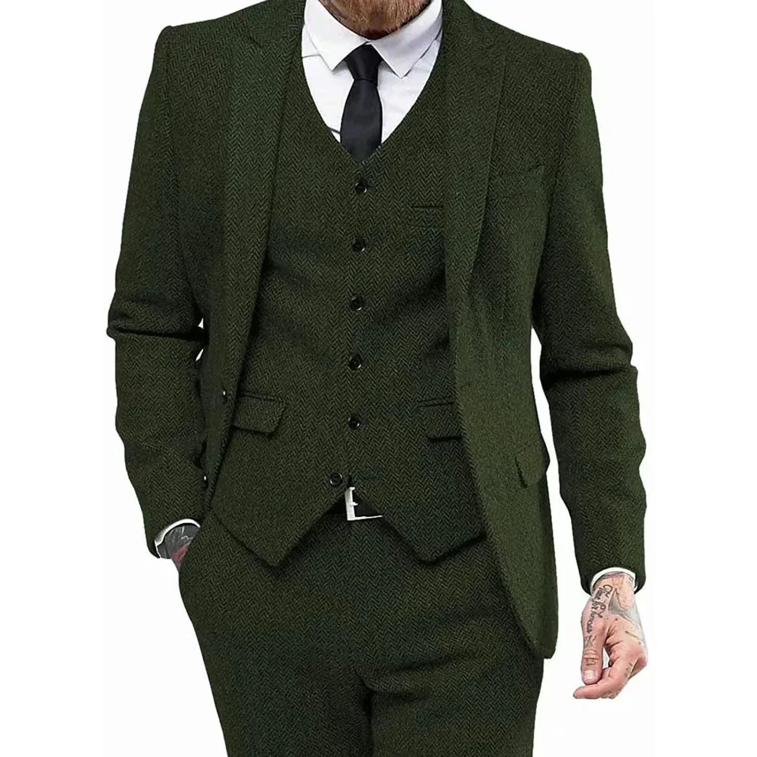 Men's Retro Herringbone Suit, Elegant Vintage Tuxedo Set, 3 Piece Blazer, Vest and Pants, for Wedding, Business, Evening PartyMen's Retro Herringbone Suit, Elegant Vintage Tuxedo Set, 3 Piece Blazer, Vest and Pants, for Wedding, Business, Evening Party