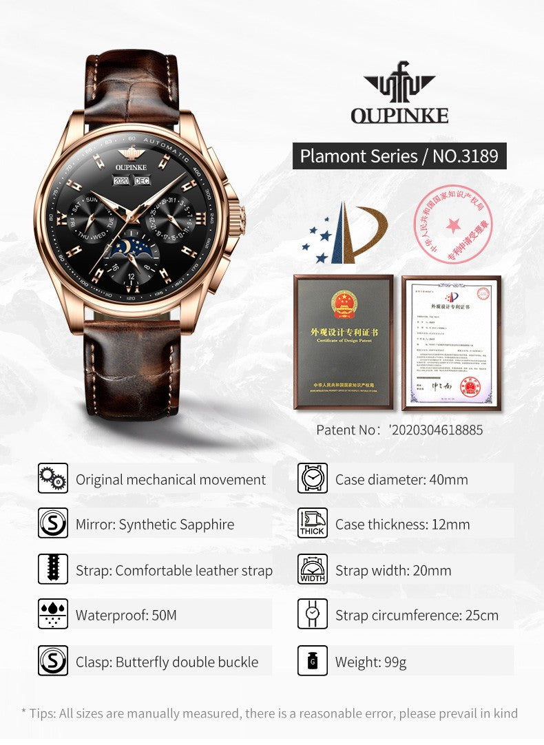 OUPINKE-Relógio Mecânico Impermeável Sapphire Espelho Masculino, Automático,