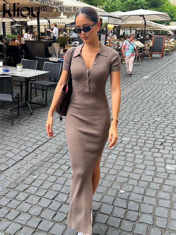 Kliou elegante senhora do escritório maxi vestido feminino sólido moda turn-do