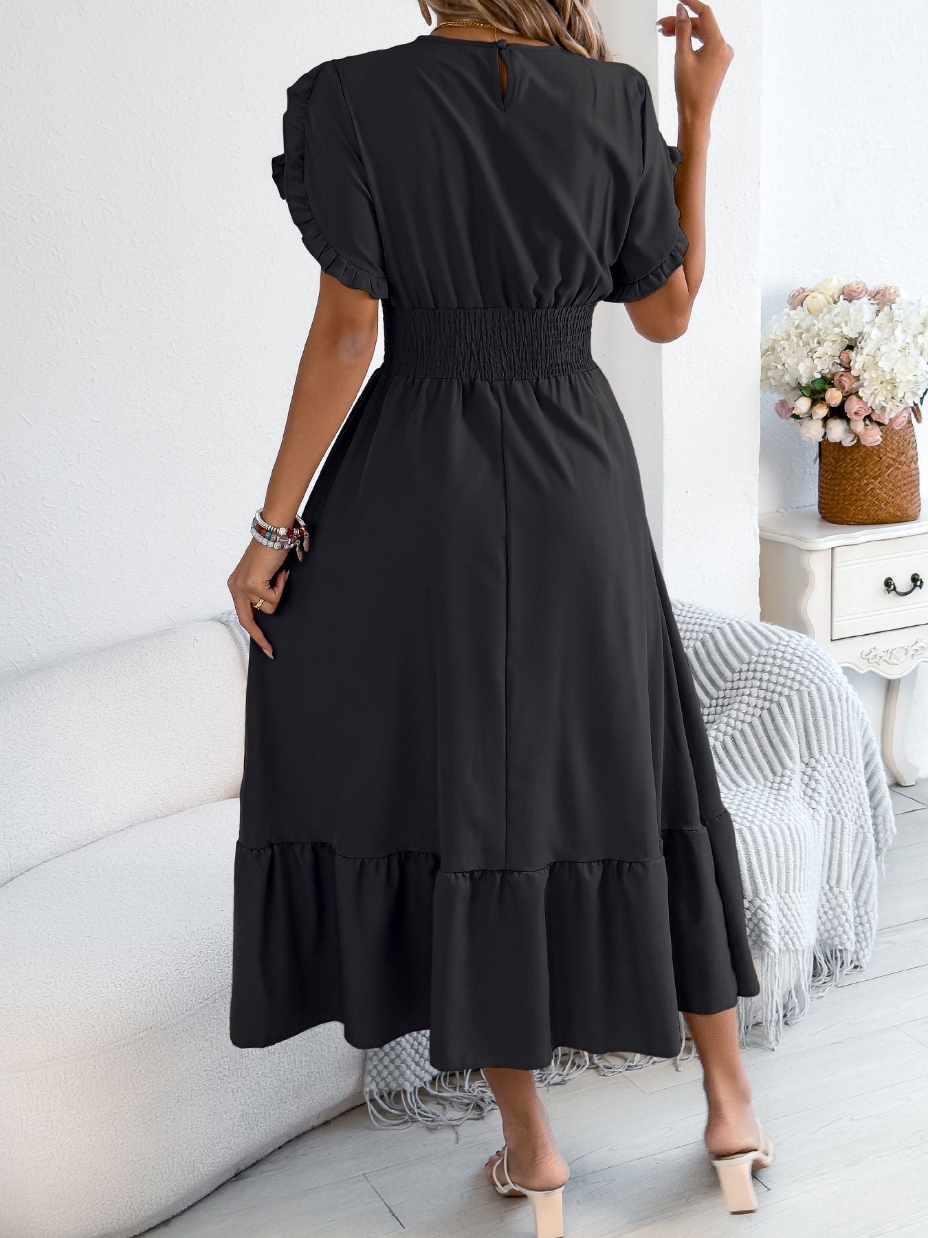 Casual elegant round neck ruffles cinched waist dress long dresses spring summer fashion women dressCasual elegant round neck ruffles cinched waist dress long dresses spring summer fashion women dress