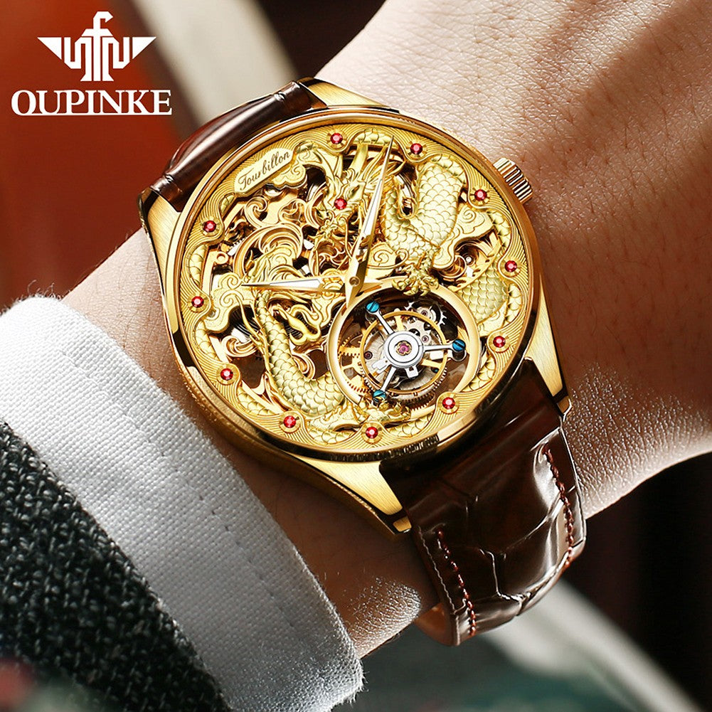 OUPINKE 3176 Tourbillon Watch Men 3D Carved Dragon Tungsten Steel Waterproof Wristwatches Top Layer Swiss Certification Watches OUPINKE 3176 Tourbillon Watch Men 3D Carved Dragon Tungsten Steel Waterproof Wristwatches Top Layer Swiss Certification Watches