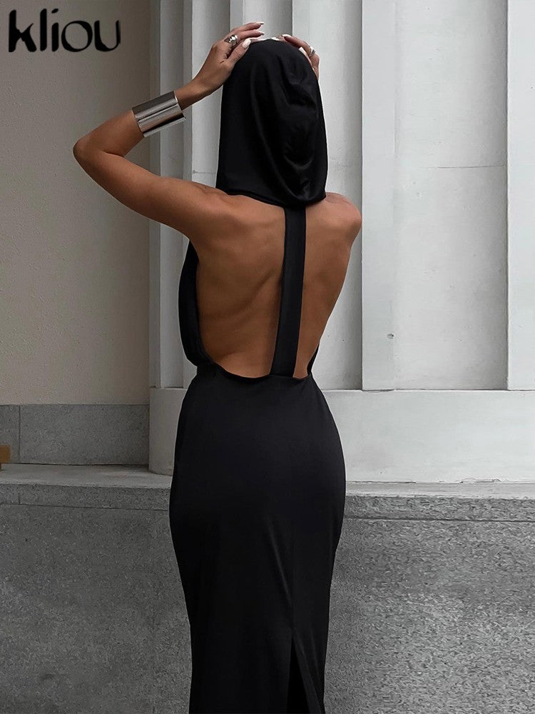 Kliou Elegant Hooded Maxi Dresses Women Hipster Sleeveless Sexy Deep V-Neck Backless Side Split Robe Female High Street Dress Kliou Elegant Hooded Maxi Dresses Women Hipster Sleeveless Sexy Deep V-Neck Backless Side Split Robe Female High Street Dress