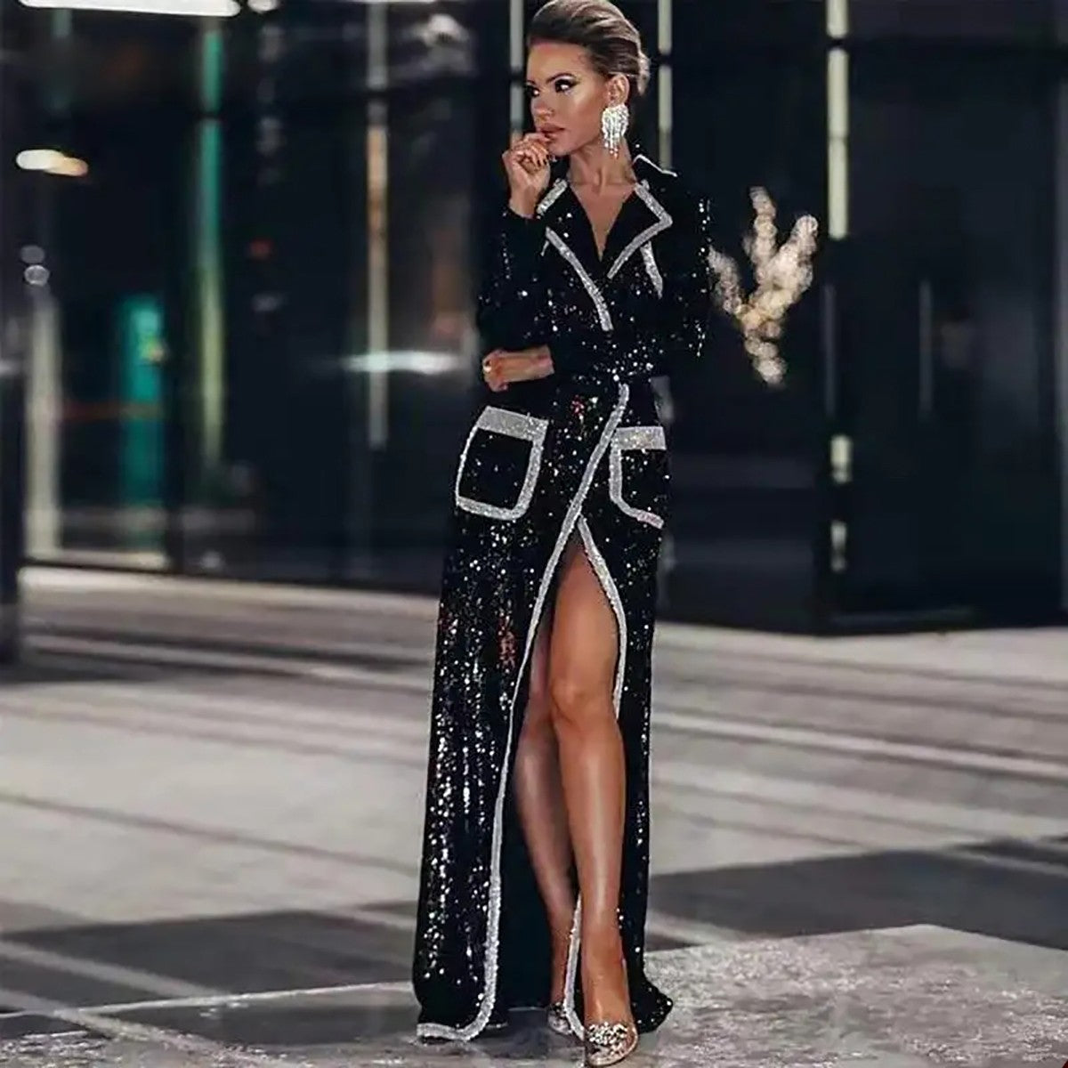 Luxury Sequin Women Long Blazer Dress Patchwork Slim Fit High Slit Coat Formal Wear Custom Coat Evening Party OutfitsLuxury Sequin Women Long Blazer Dress Patchwork Slim Fit High Slit Coat Formal Wear Custom Coat Evening Party Outfits
