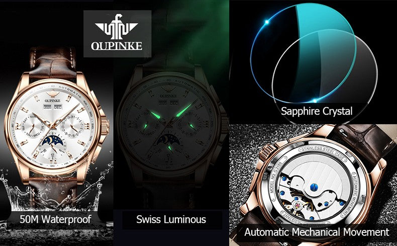 OUPINKE-Relógio Mecânico Impermeável Sapphire Espelho Masculino, Automático,