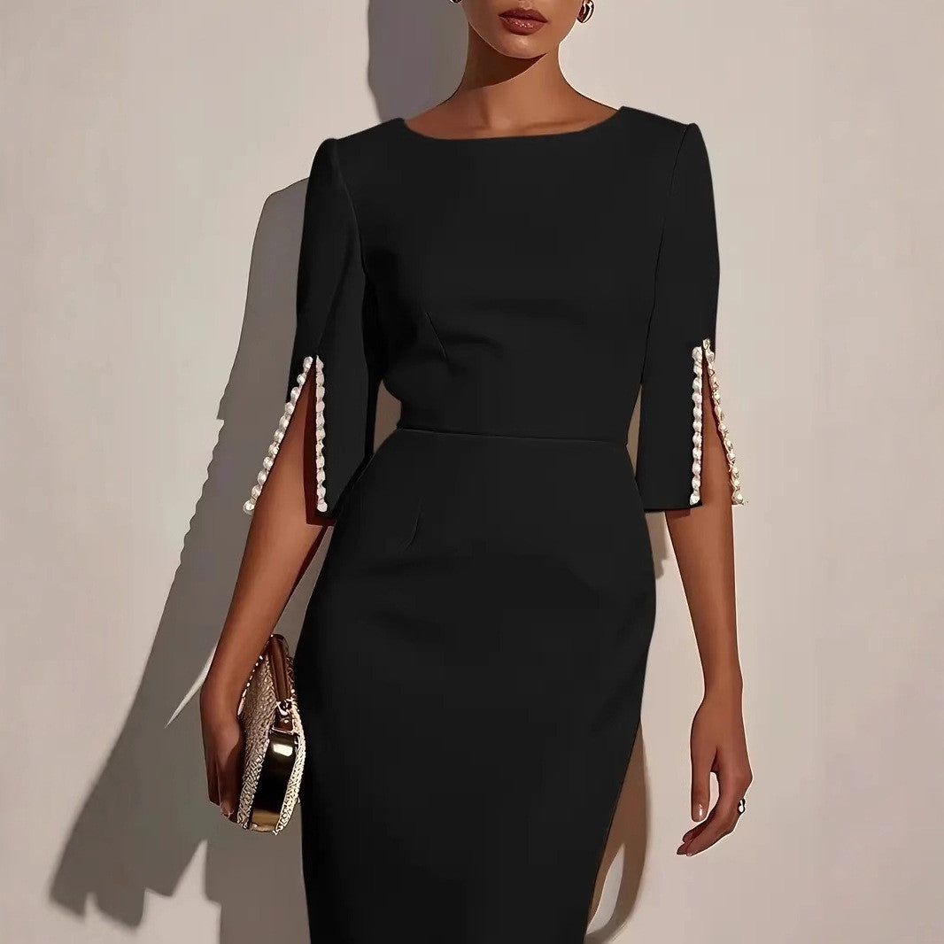 Women's fashion solid color office lady half sleeve nail bead dress female round neck slim and elegant dress Women's fashion solid color office lady half sleeve nail bead dress female round neck slim and elegant dress