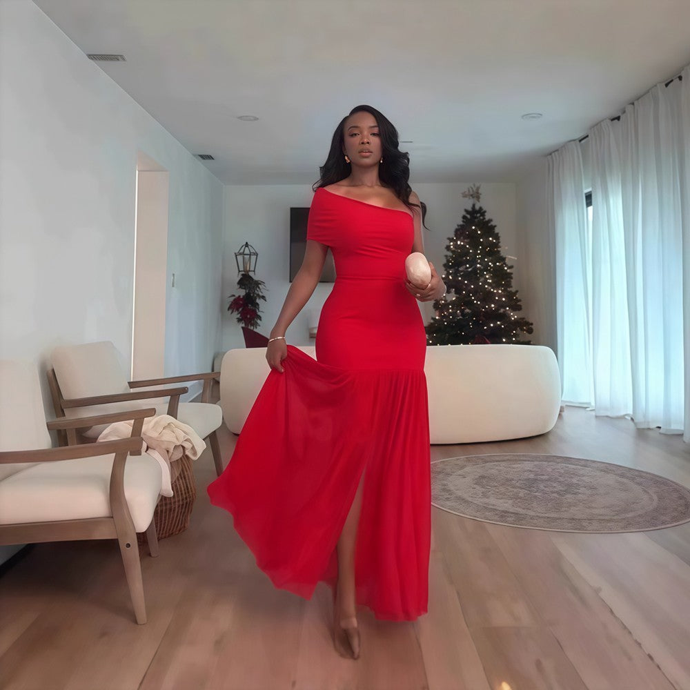 Elegant Sexy Night Club Party Holiday Maxi Dress for Women Elegant Slant Collar One Sleeve Off Shoulder Mesh Slit Long Dresses Elegant Sexy Night Club Party Holiday Maxi Dress for Women Elegant Slant Collar One Sleeve Off Shoulder Mesh Slit Long Dresses