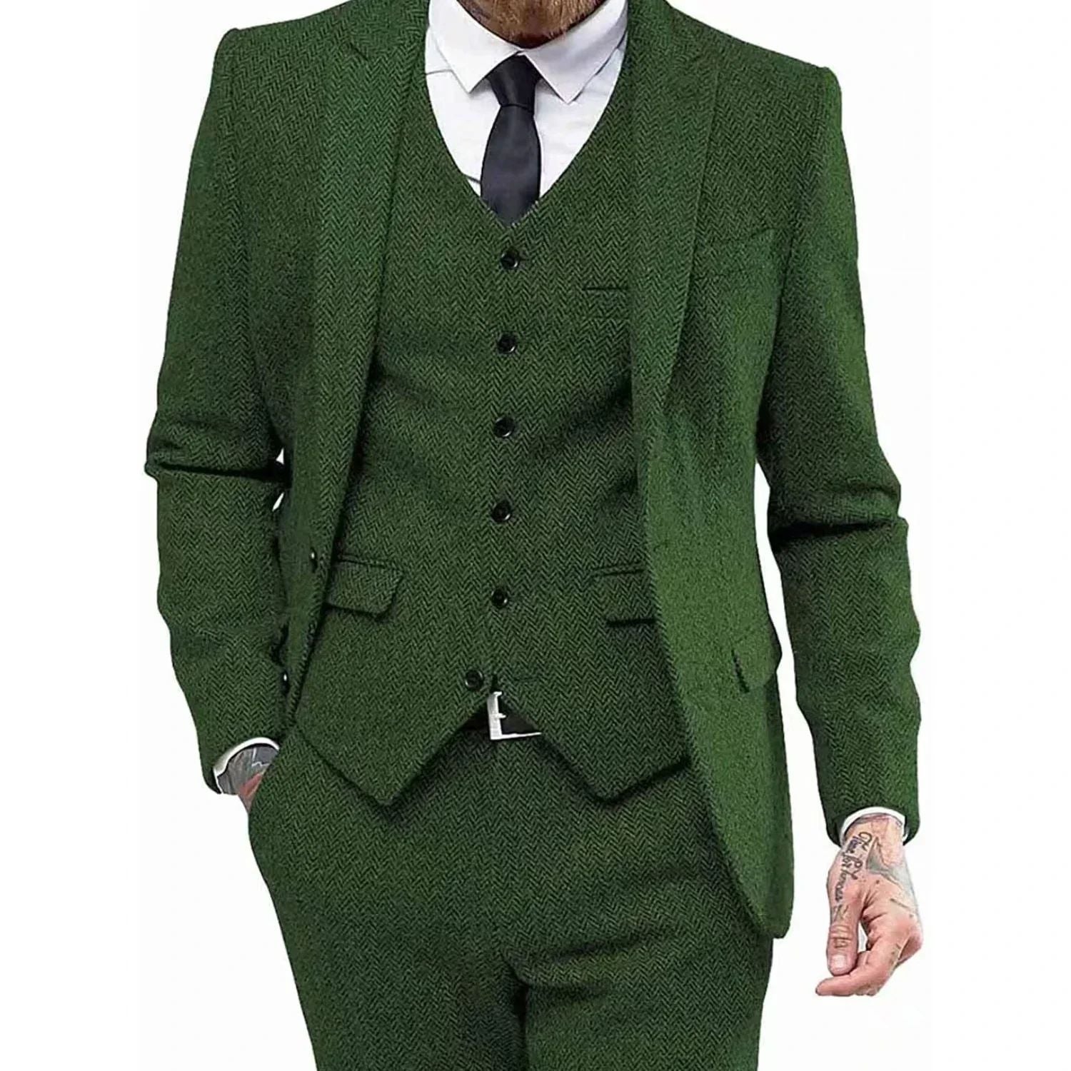Men's Retro Herringbone Suit, Elegant Vintage Tuxedo Set, 3 Piece Blazer, Vest and Pants, for Wedding, Business, Evening PartyMen's Retro Herringbone Suit, Elegant Vintage Tuxedo Set, 3 Piece Blazer, Vest and Pants, for Wedding, Business, Evening Party