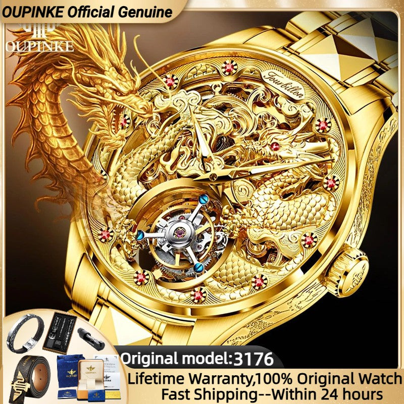 OUPINKE 3176 Tourbillon Watch Men 3D Carved Dragon Tungsten Steel Waterproof Wristwatches Top Layer Swiss Certification Watches OUPINKE 3176 Tourbillon Watch Men 3D Carved Dragon Tungsten Steel Waterproof Wristwatches Top Layer Swiss Certification Watches