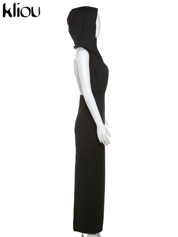 Kliou Elegant Hooded Maxi Dresses Women Hipster Sleeveless Sexy Deep V-Neck Backless Side Split Robe Female High Street Dress Kliou Elegant Hooded Maxi Dresses Women Hipster Sleeveless Sexy Deep V-Neck Backless Side Split Robe Female High Street Dress