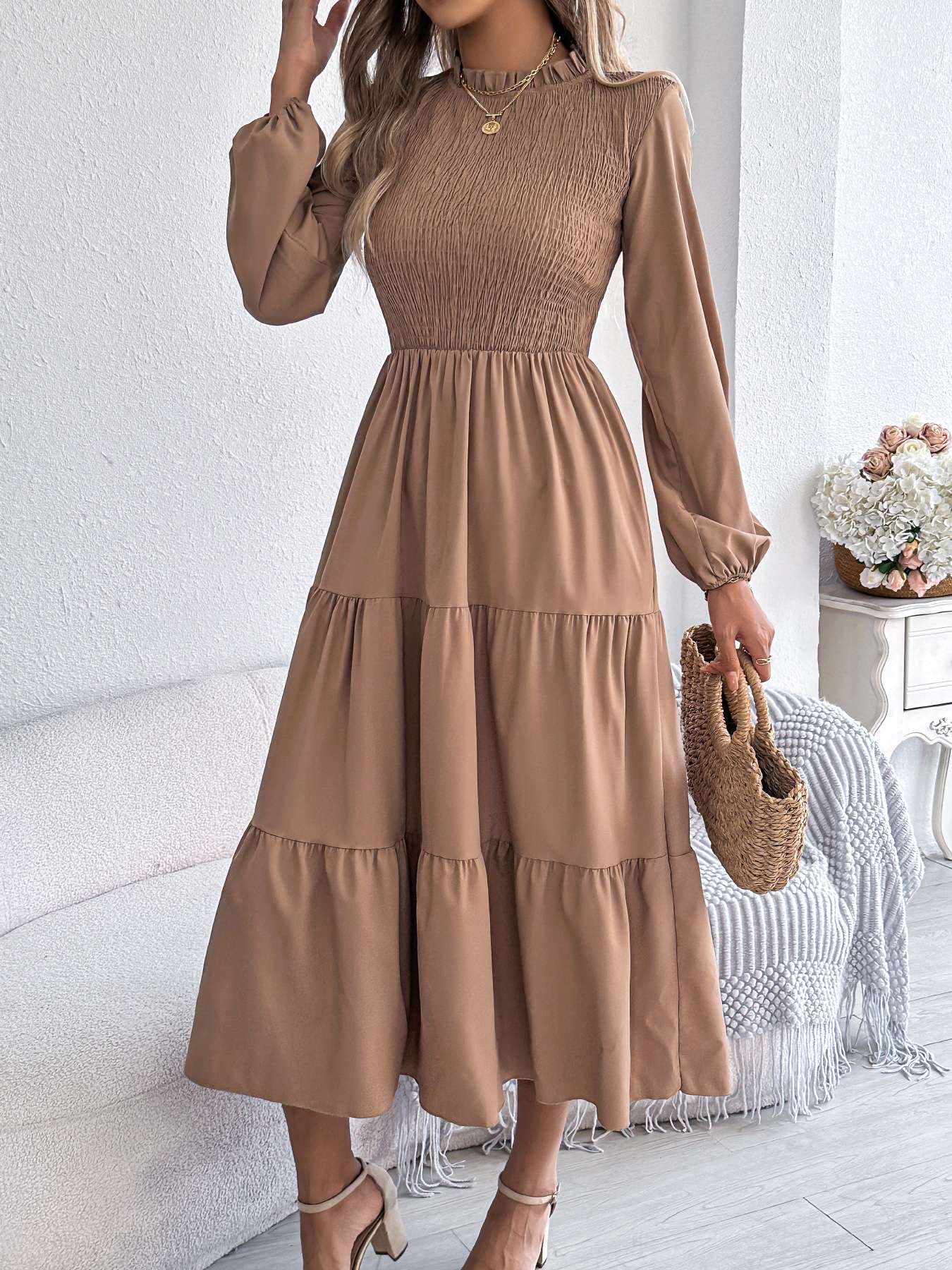 Autumn Winter Elegant Dresses for Women Solid Color Round Neck Long Sleeve Ruffles Dresses Khaki Green Red Autumn Winter Elegant Dresses for Women Solid Color Round Neck Long Sleeve Ruffles Dresses Khaki Green Red